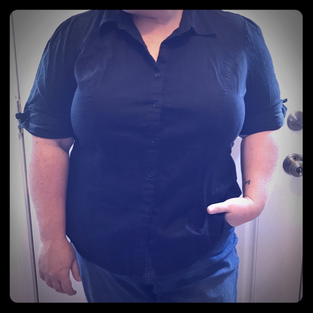 Black button up, elbow length sleeve